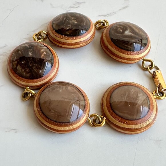 Vintage 1970s Resin & Wood Bracelet, 8” Modernist Studio Jewelry - Picture 12 of 12